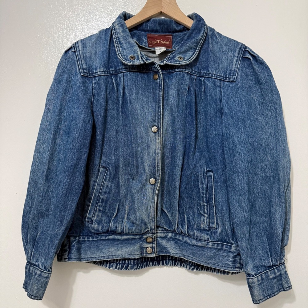 Vintage 80s Sergio Valente Denim Jacket Medium Wash Puff Sleeve Pleated Blue L